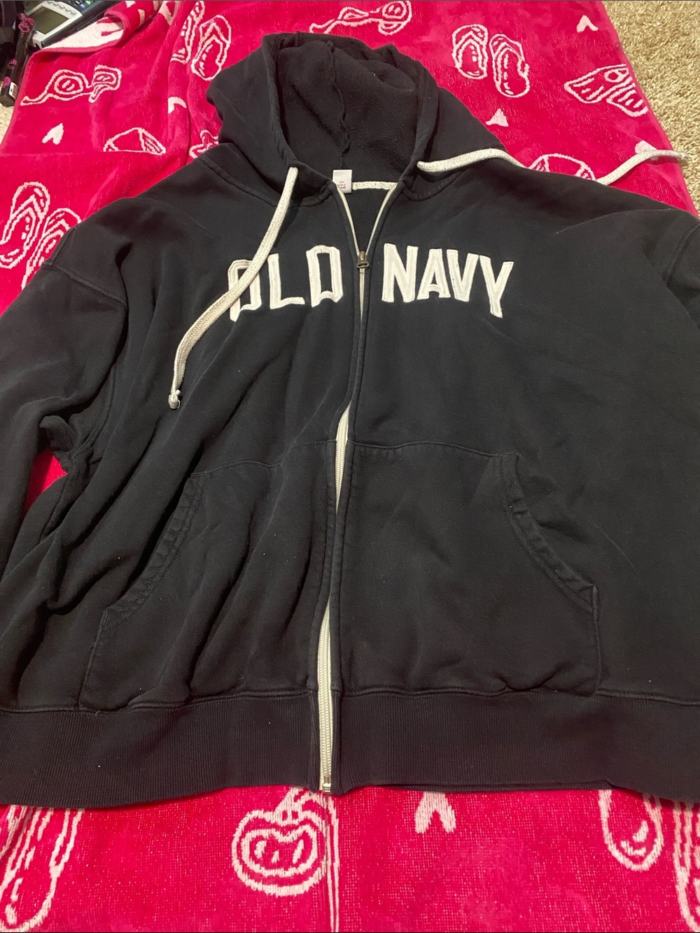 Old Navy Black Hoodie with White Lettering and Drawstrings